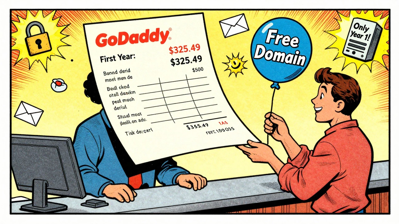 Comic-style checkout scene with giant invoice and 'Free Domain' balloon labeled 'Year 1 Only'.
