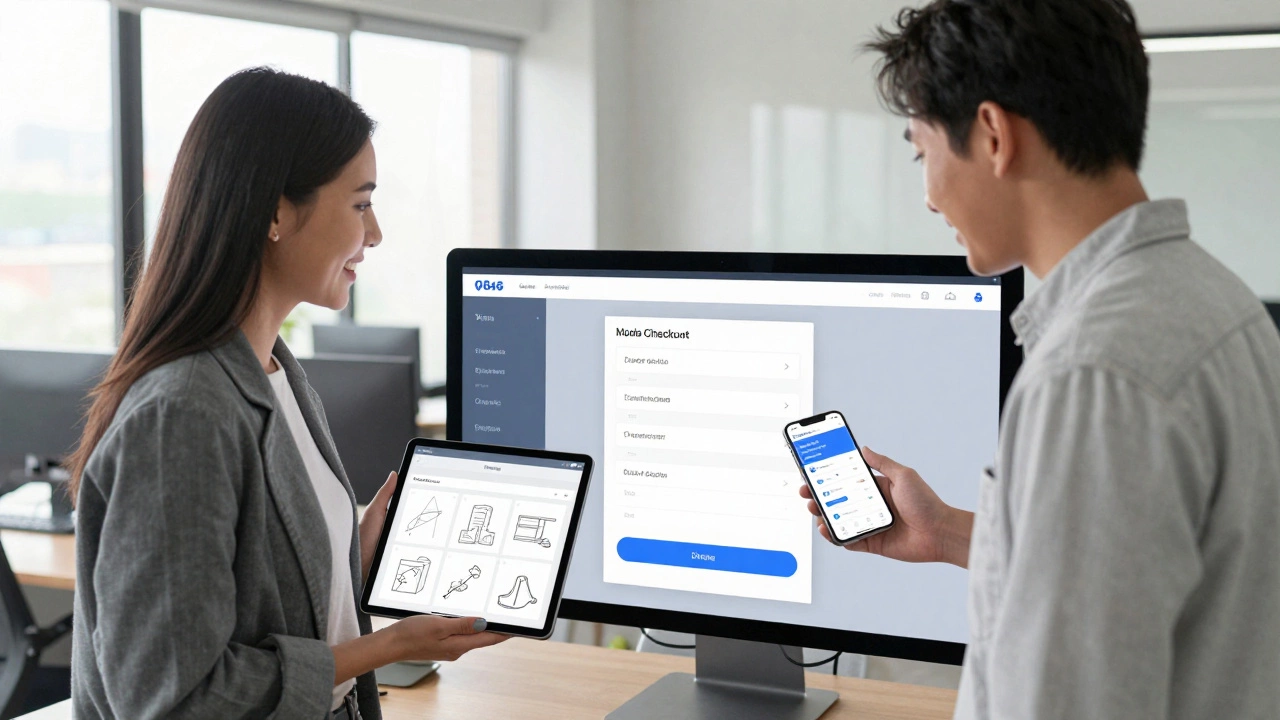 Designer and developer reviewing a mobile checkout flow together on a touchscreen in a collaborative workspace.