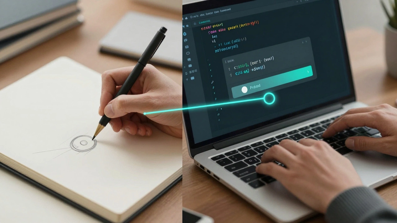 Designer sketching a button next to developer coding CSS, connected by a glowing line representing design-to-code translation.