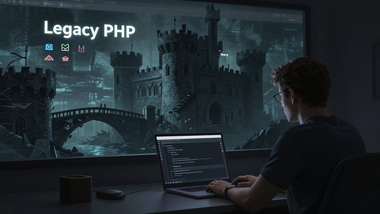 Developer facing a modern Laravel app while a crumbling &#039;Legacy PHP&#039; castle looms behind them.