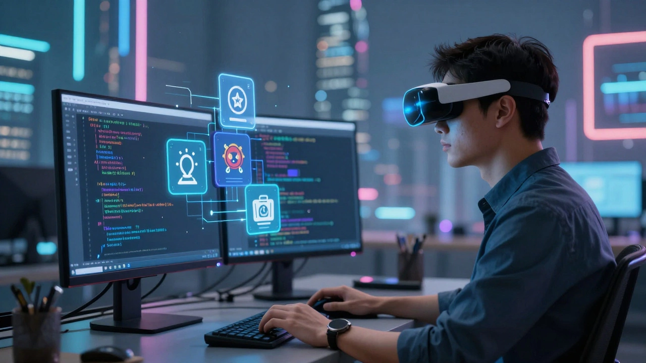 Developer using AR to review 3D code elements, with system icons floating around, representing advanced AI-augmented development in 2025.