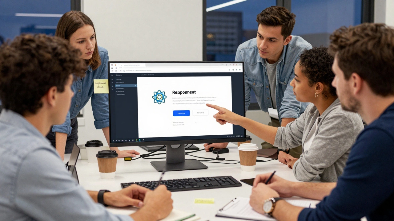 Developers collaborating around a monitor displaying a fast-loading React-powered website.