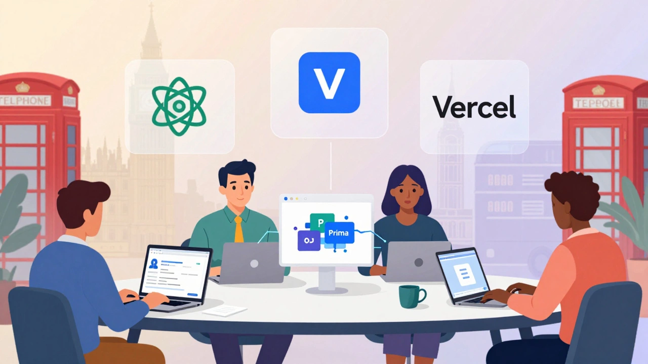 Diverse professionals aged 35–55 collaborating in a co-working space, building web apps with React, Node.js, and PostgreSQL.