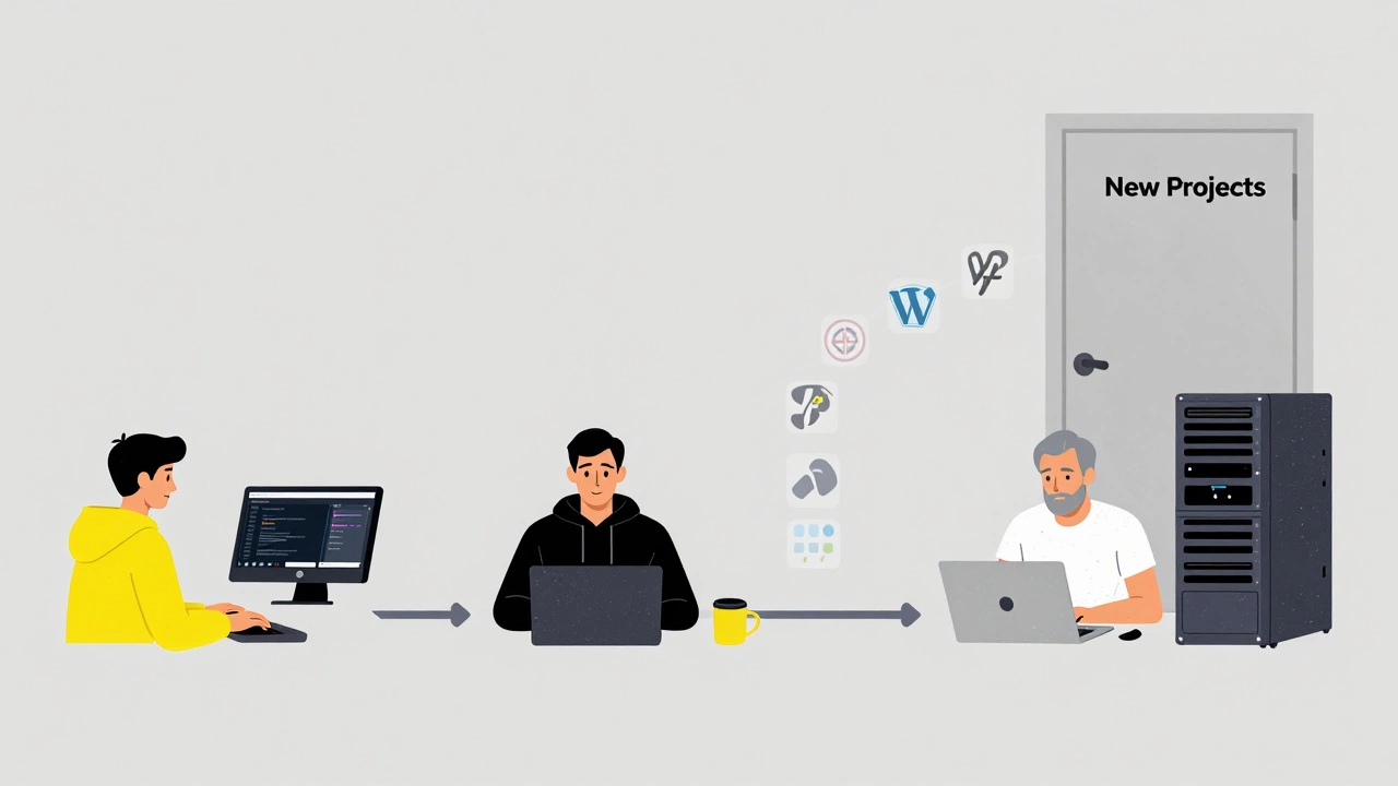 Generational timeline of web devs: young coders with modern tools vs. older maintainer of WordPress server.