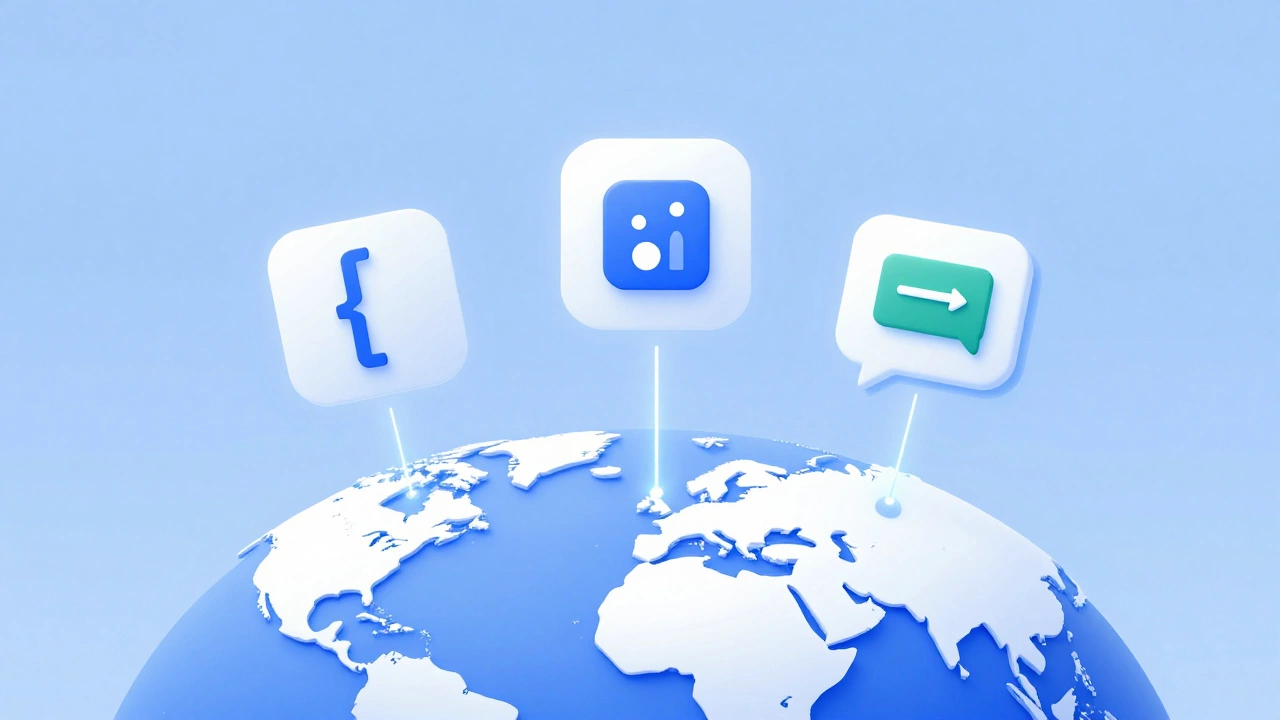 Globe with code, GitHub, and Slack icons connected to global cities.