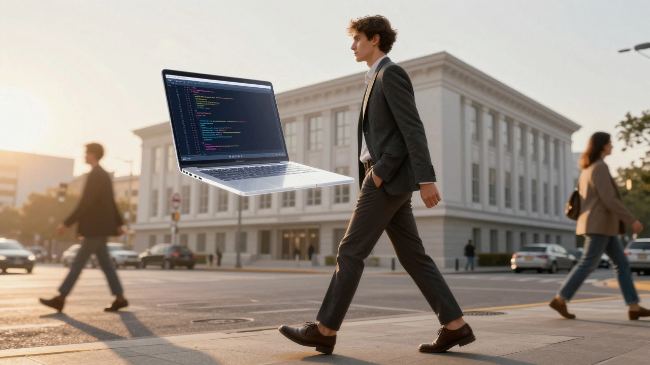 Person walking past office building while hovering laptop displays live website.