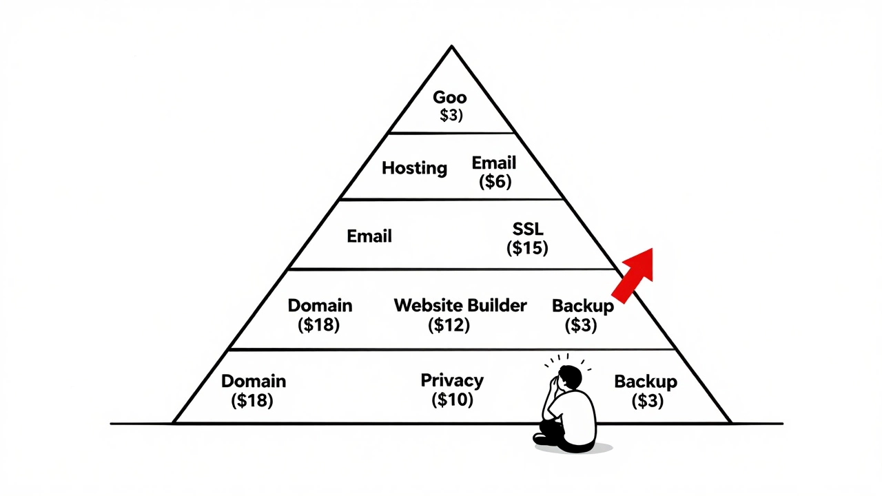 Pyramid of GoDaddy services stacked high with renewal costs rising, one overwhelmed person at base.