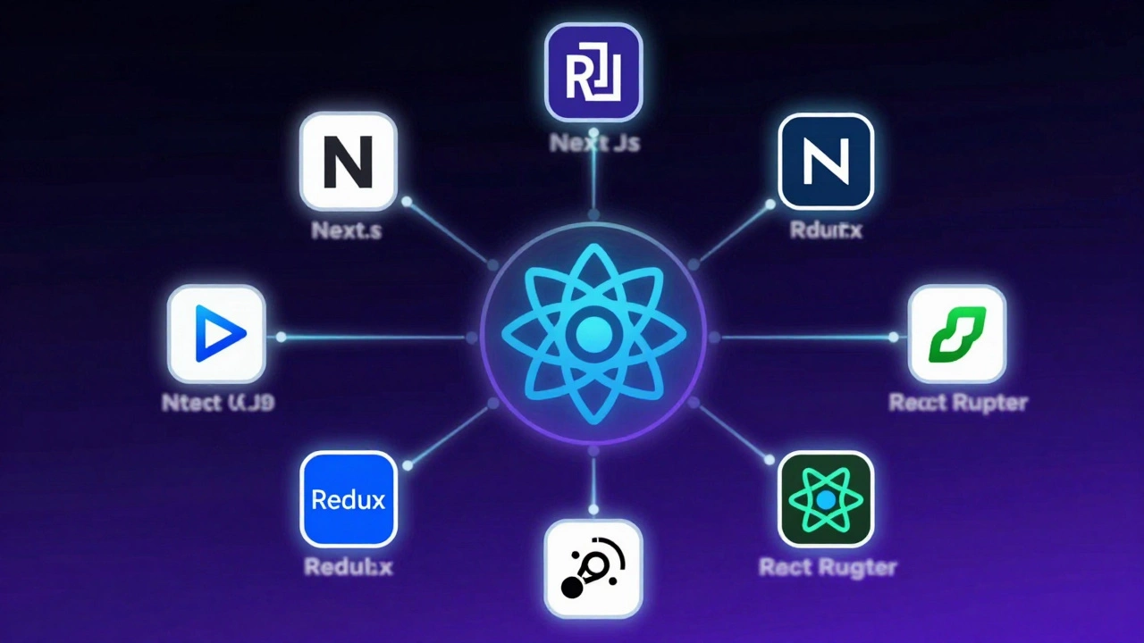 React as a central hub connected to Next.js, Redux, and other tools in a glowing digital network.