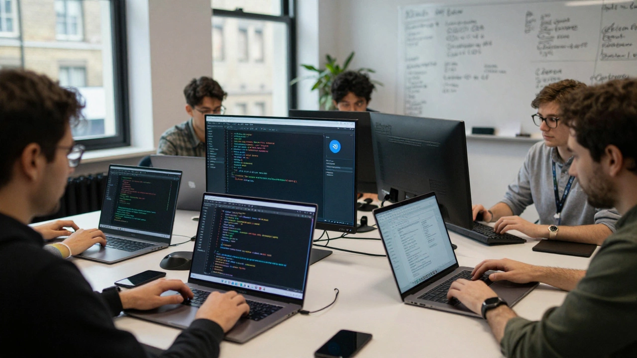 Remote team using VS Code with Docker and SSH to deploy applications in a co-working space.