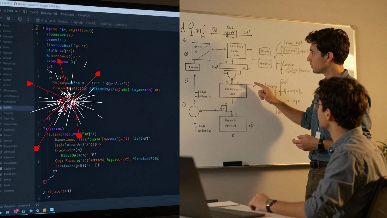 Split scene contrasting messy AI code with a developer explaining system architecture to a client using a whiteboard.