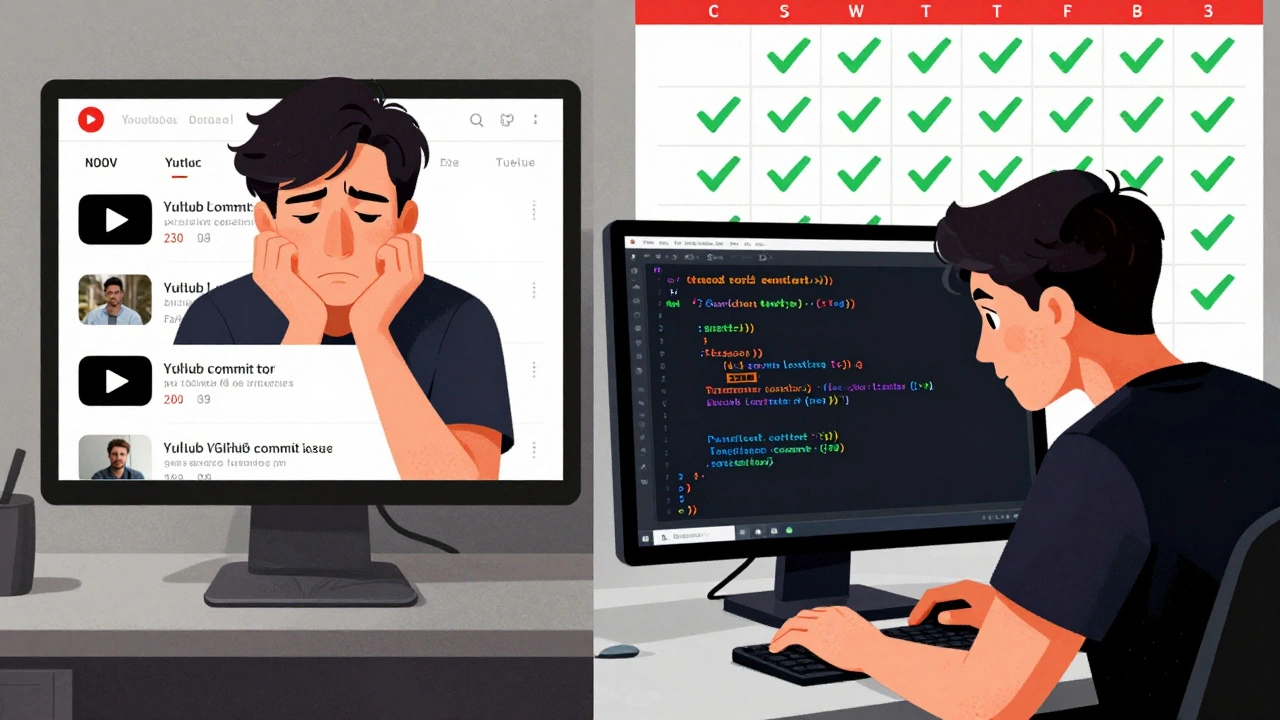 Split screen: passive video watching vs active coding with 30-day streak calendar.