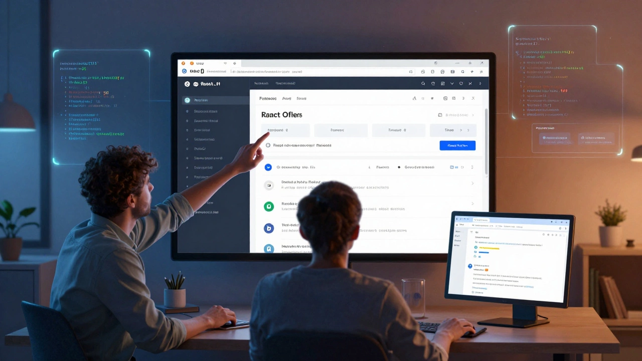 Three developers collaborating remotely, viewing a live e-commerce site on a shared screen in a modern UK apartment.