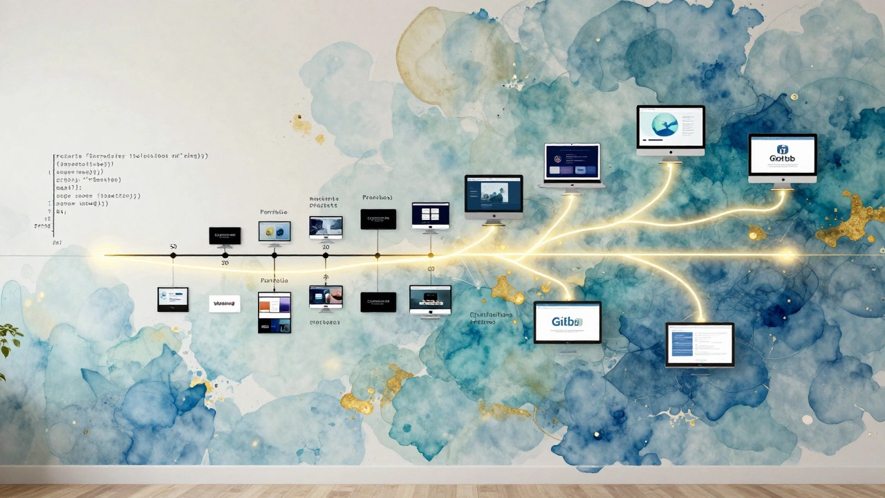 Timeline mural showing code progress from one line to multiple web projects.