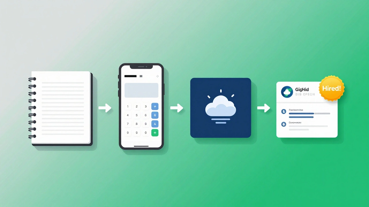 Timeline showing progress from blank page to GitHub profile with 'Hired!' badge, symbolizing a coding journey.