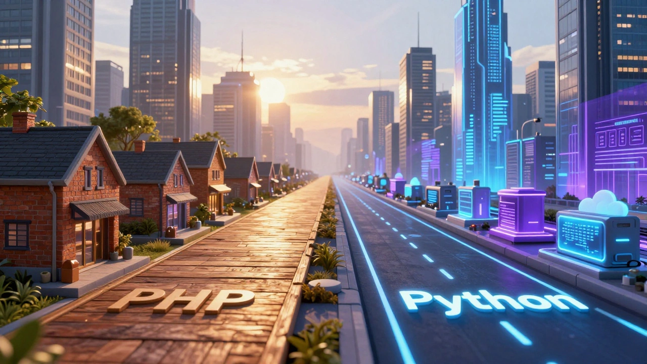 Two paths diverging: PHP leading to small businesses, Python to futuristic tech towers.