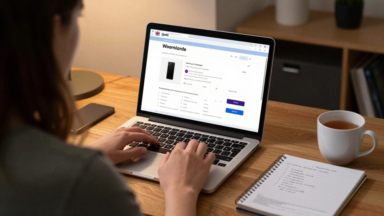 UK business owner reviewing an online store on laptop with tea and notebook