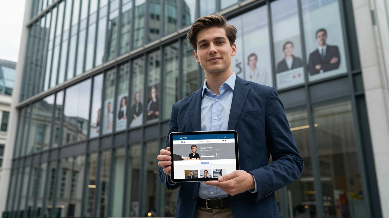 A developer standing before a London office building, holding a tablet with a live web app.
