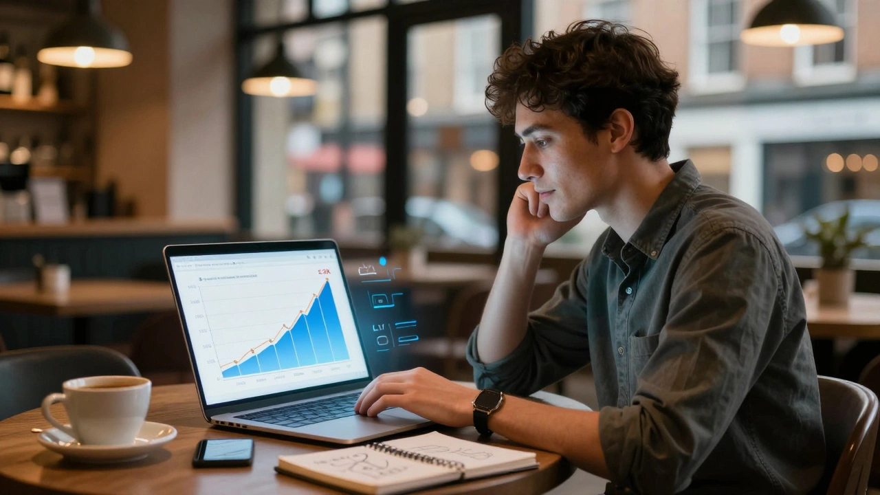 A freelance consultant in a Bristol café viewing a dramatic sales growth graph on their laptop.