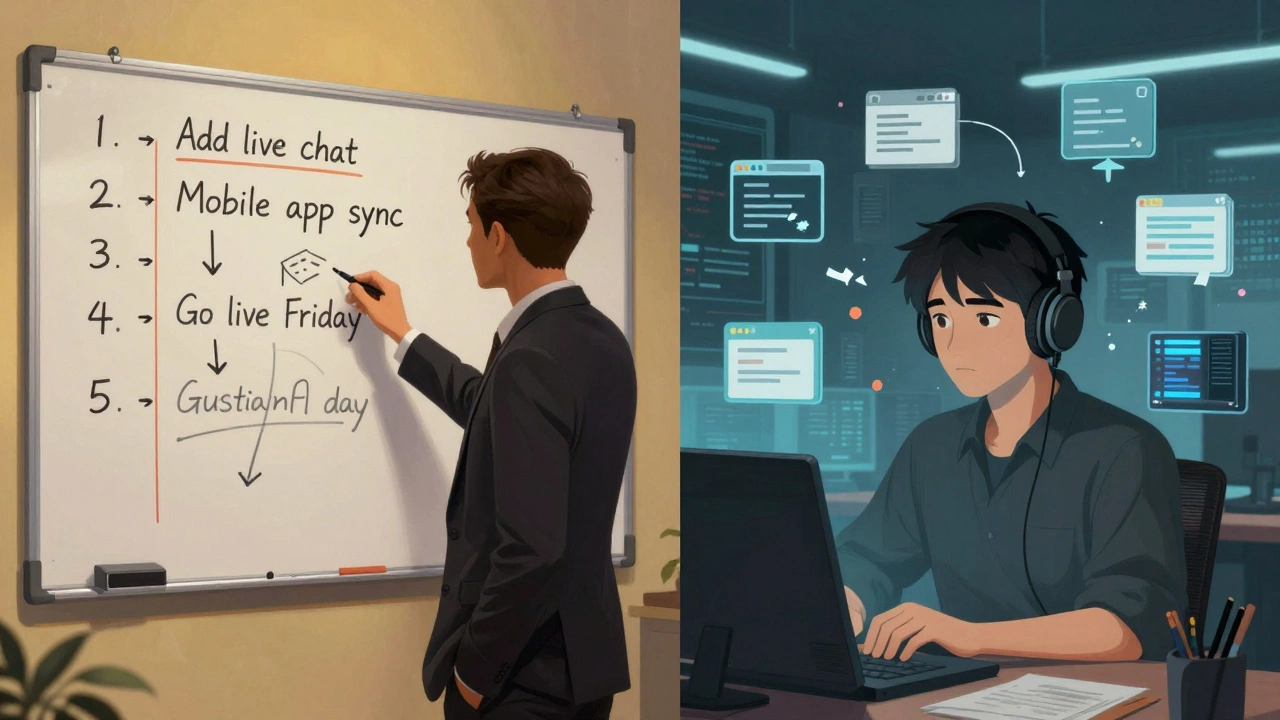 A manager with unrealistic deadlines versus a developer overwhelmed by technical chaos.