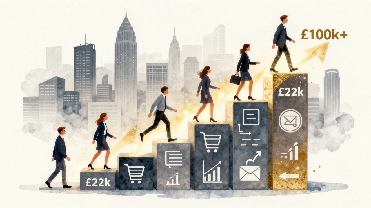 A stylized staircase of digital icons representing rising eCommerce salaries from £22k to £100k+.