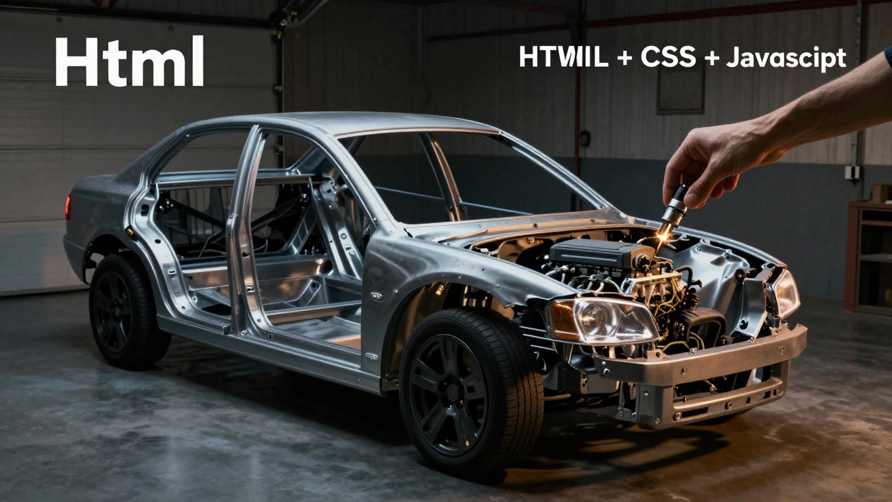 An empty metal car frame labeled HTML next to a fully built car labeled HTML, CSS, and JavaScript.