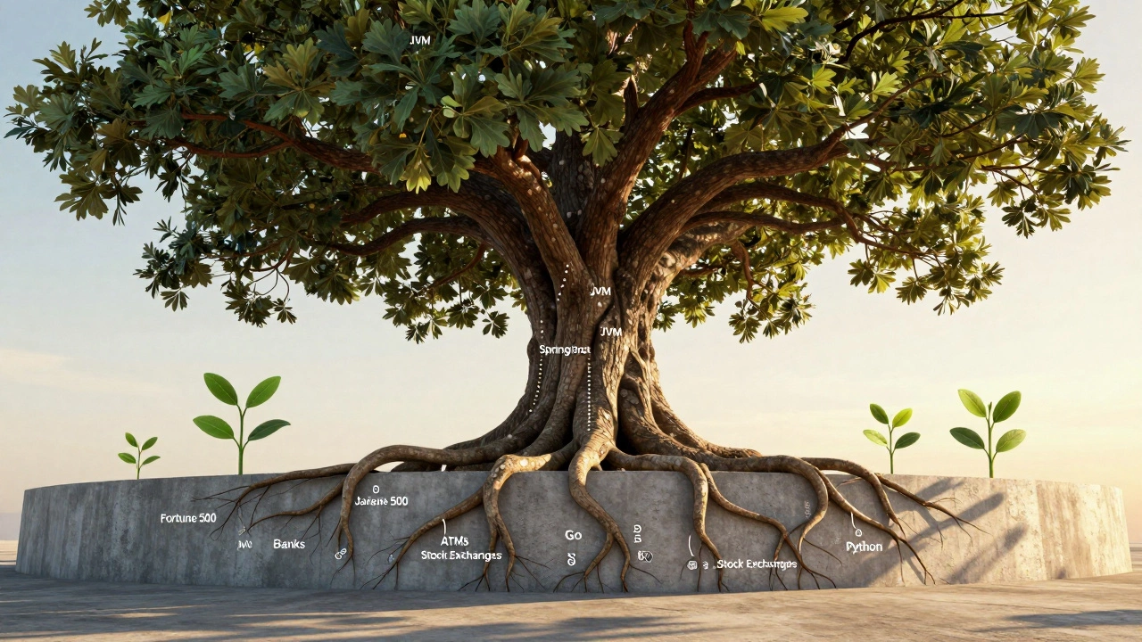 Ancient tree with Java code roots growing through financial infrastructure.