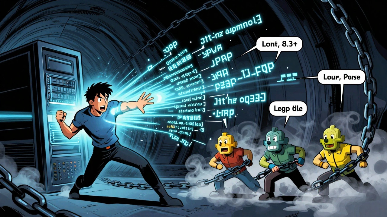 Comic-style illustration of PHP's JIT compiler transforming code into machine language versus Python's slow interpreter steps.