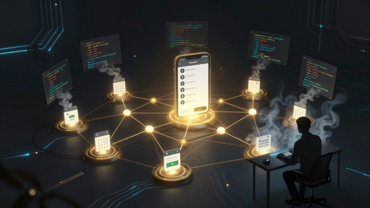 Conceptual web app development with booking system nodes and glowing code elements.
