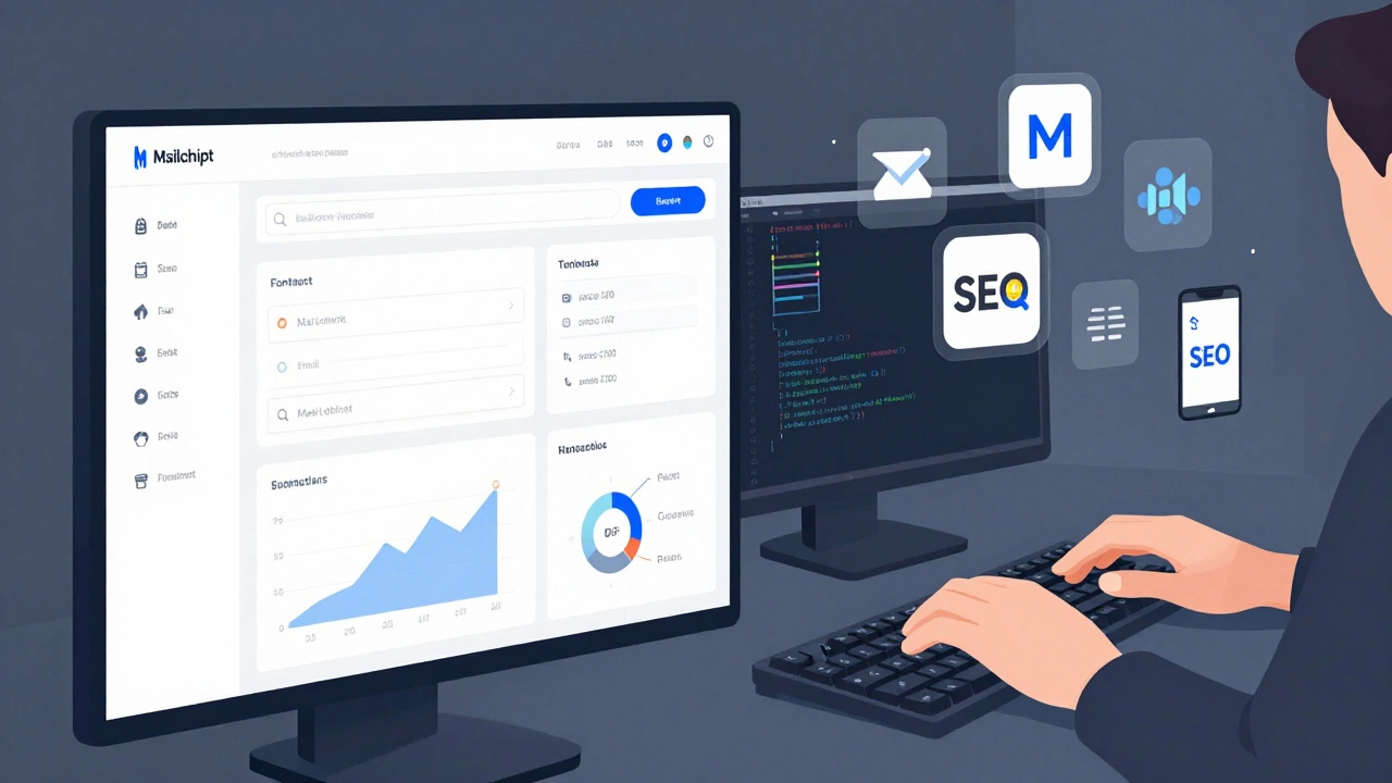 Developer building a business website with forms, analytics, and mobile design tools.