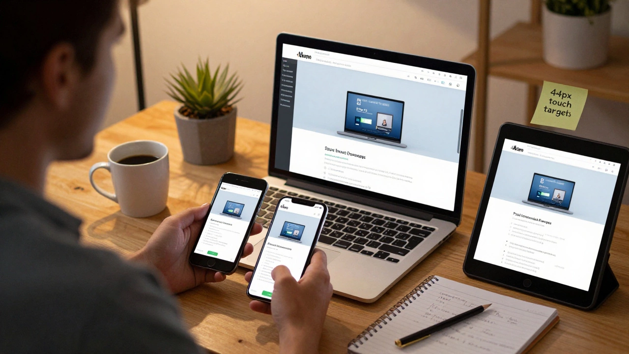 Developer testing a website on multiple real devices with network tools visible.