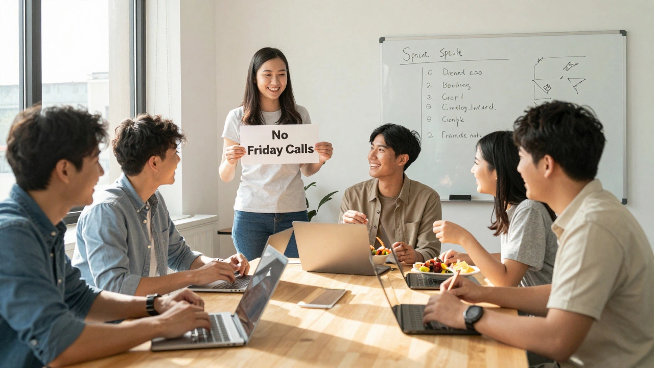Developers enjoying lunch in a calm office with a 'No Friday Calls' policy visible.