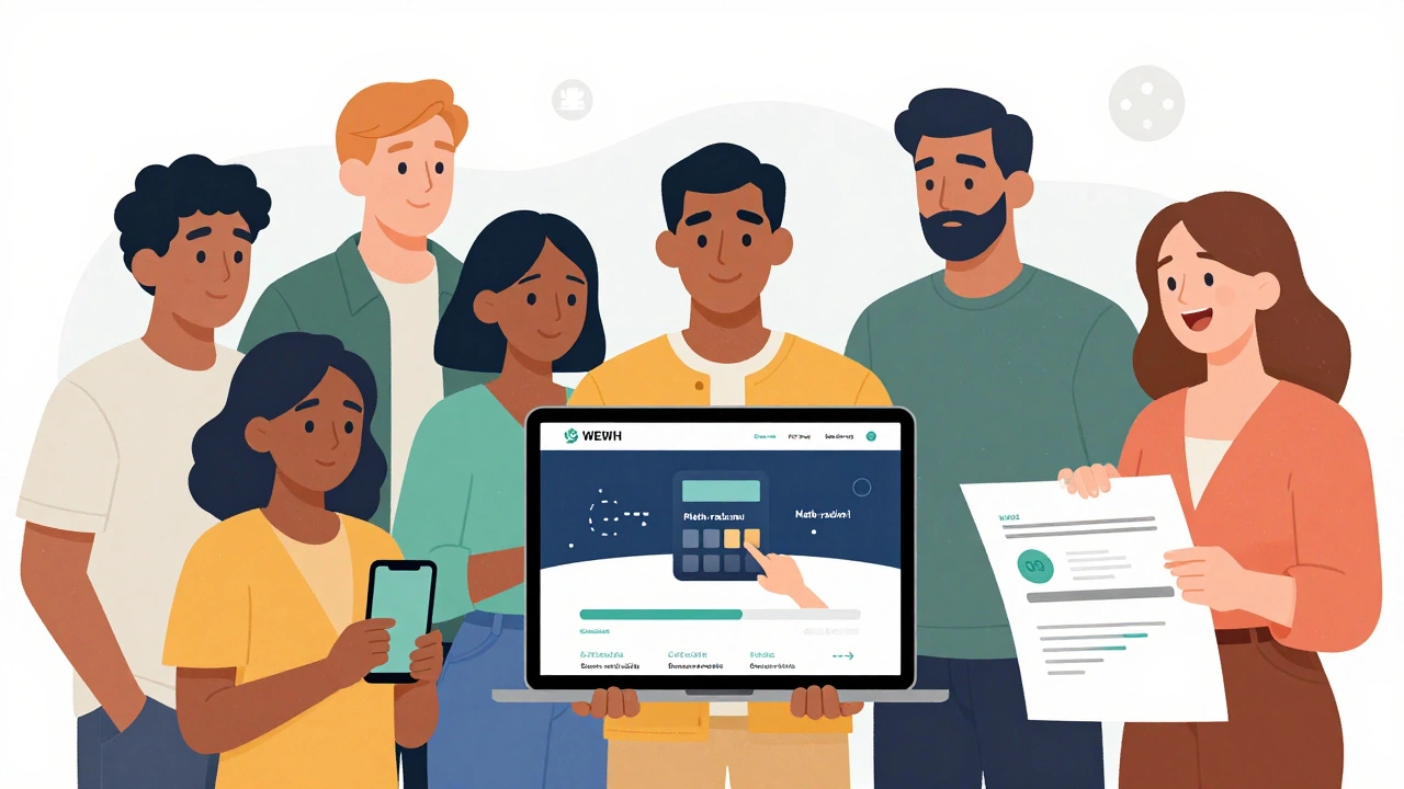 Diverse group reviewing a responsive website on different devices.