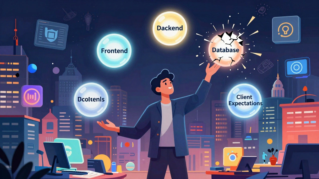 Full stack developer juggling five glowing tech components under chaotic conditions.