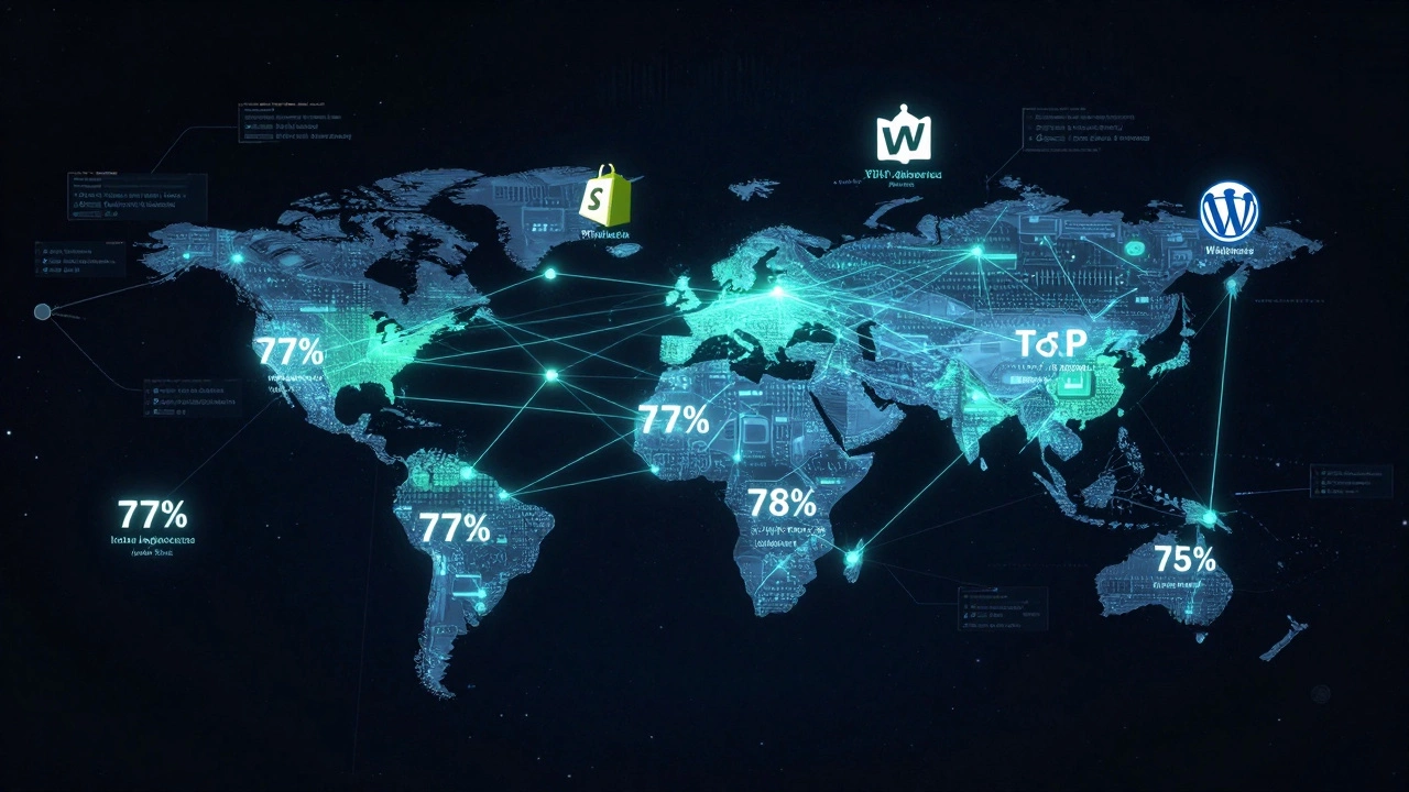 Global web network showing PHP-powered sites as fast, responsive nodes, with major platforms like WordPress and Shopify highlighted.