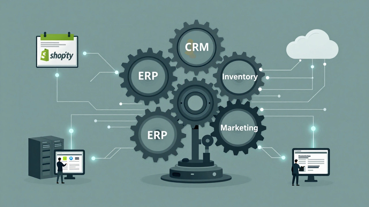 Interconnected digital systems forming a machine with data flowing between business tools.