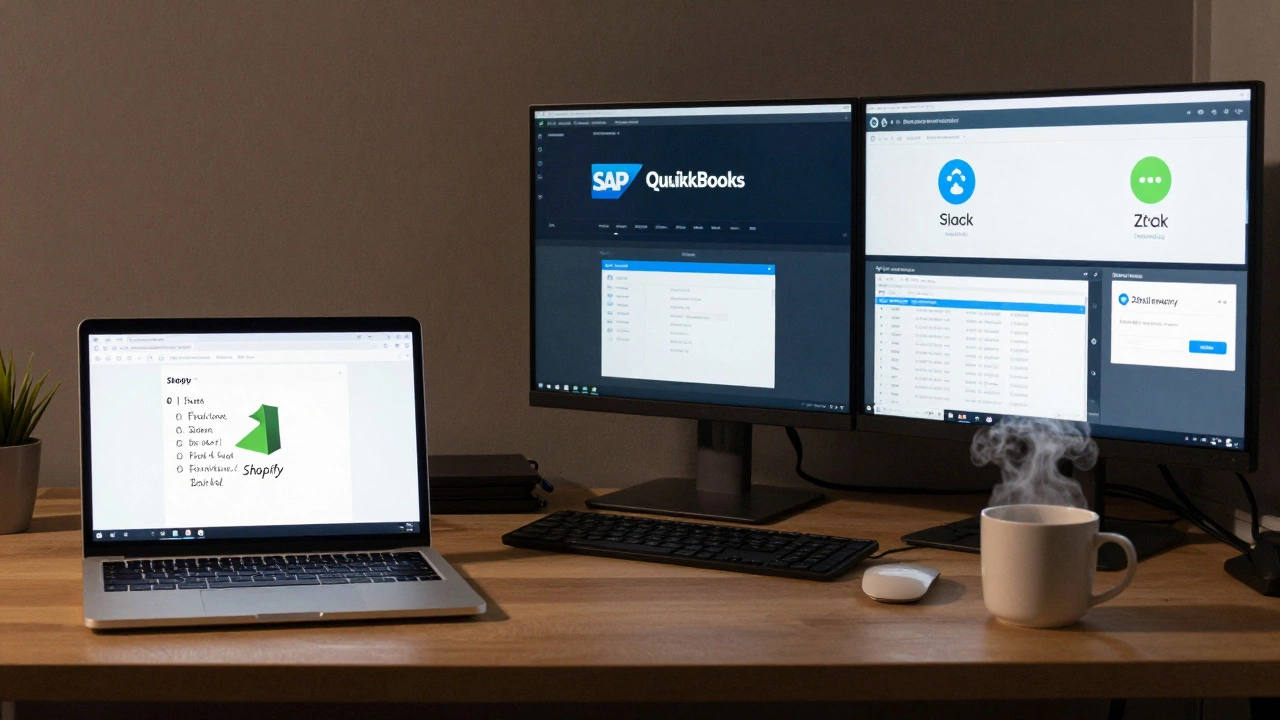 Split desk showing simple e-commerce setup versus advanced e-business software dashboard.