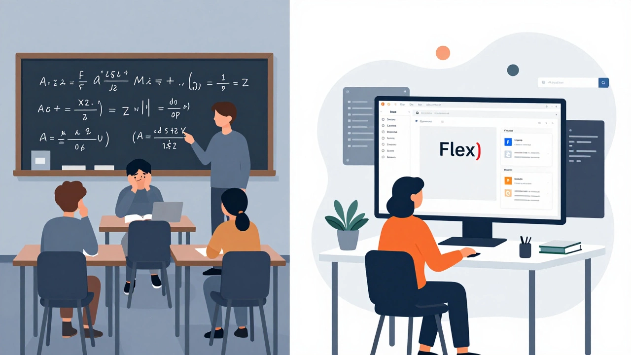 Split-screen: chaotic math classroom vs. clean web development workspace.