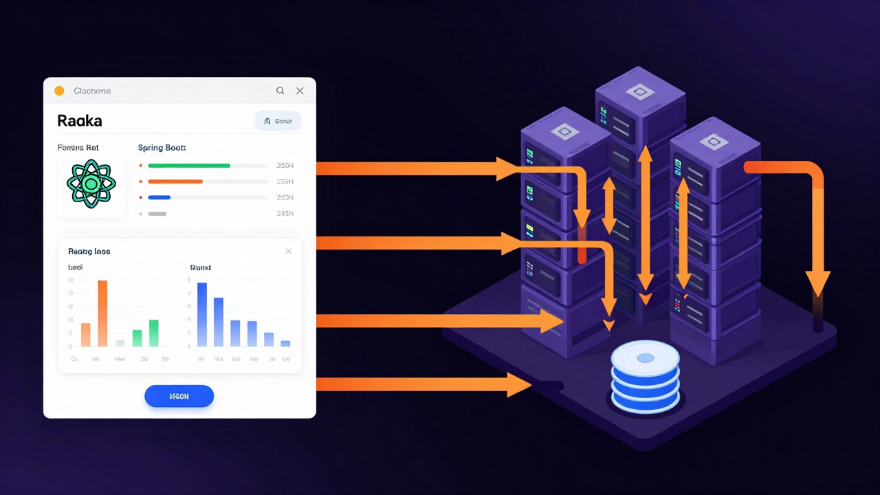 Split-screen illustration of React frontend connected to Java backend via data streams.
