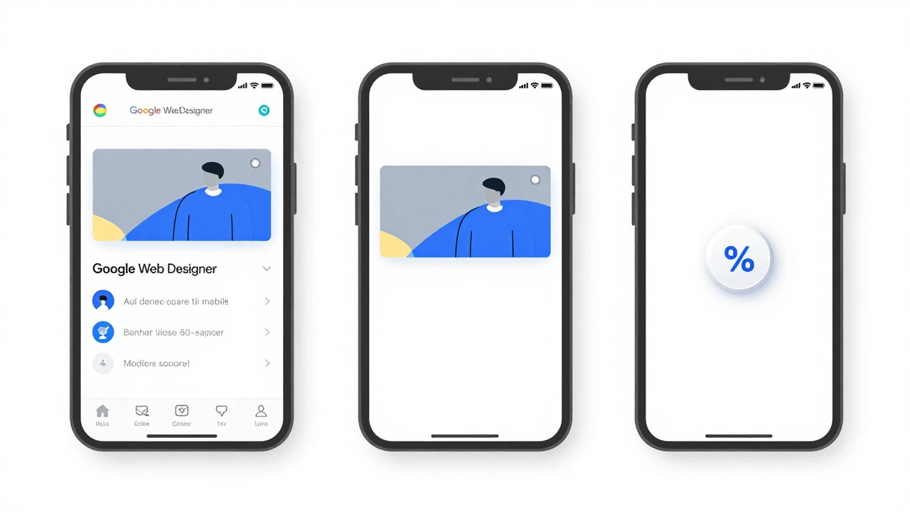 Three-step visual guide showing responsive design adjustments in Google Web Designer.