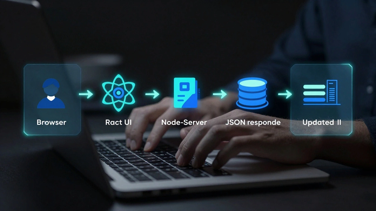Transparent data flow diagram connecting frontend, backend, and database with glowing lines.