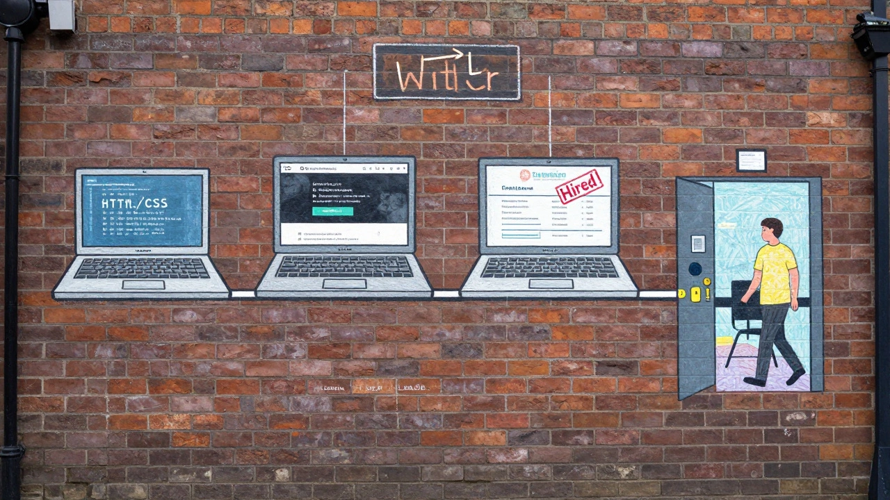 A chalk timeline mural showing progression from coding to landing a web dev job in Leeds.