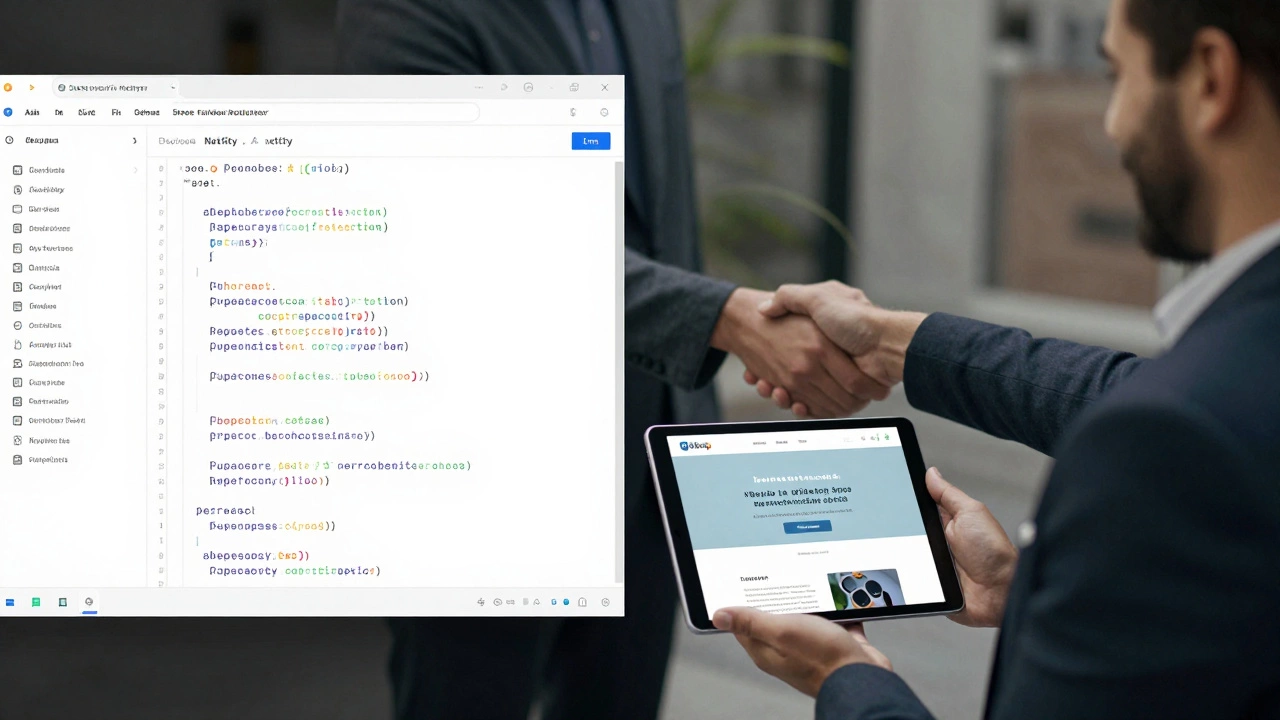 A clean GitHub repository displayed beside a satisfied local business owner viewing the new site.