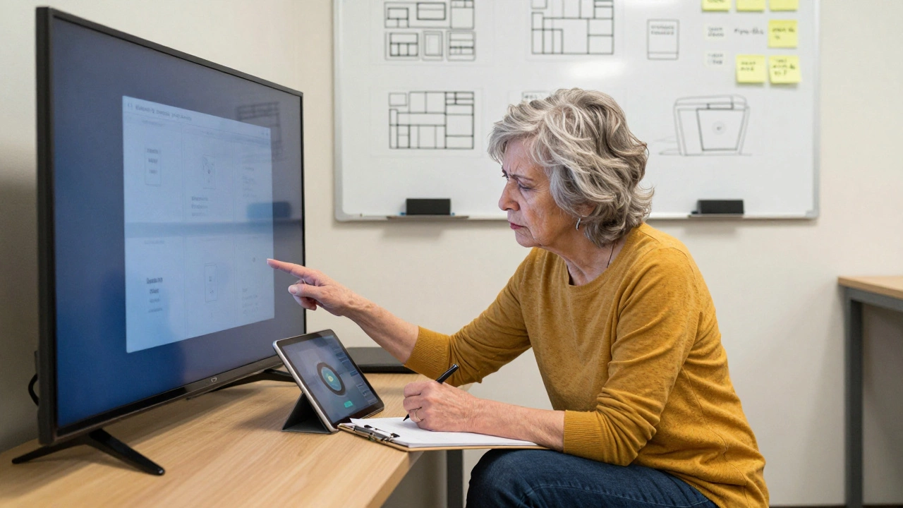 A designer observing an elderly woman struggle to use a smart TV interface while taking notes in a community center.