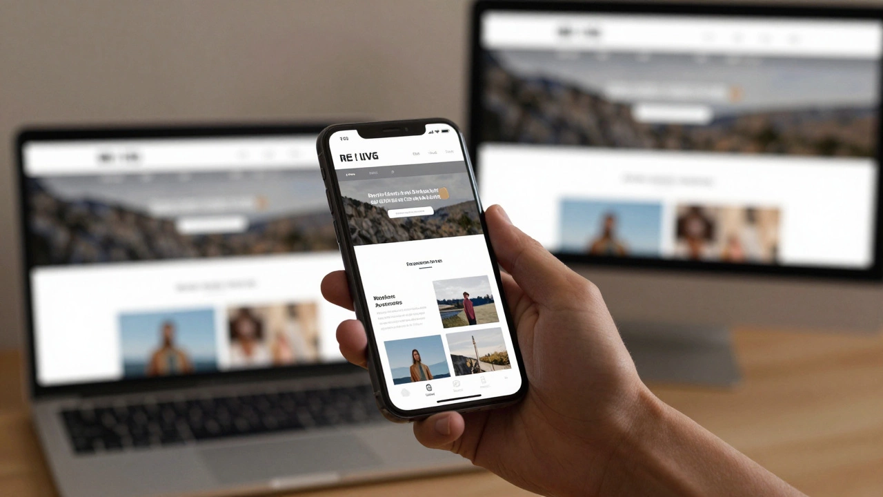 A hand rotating a smartphone as the website layout dynamically shifts from horizontal to vertical columns.