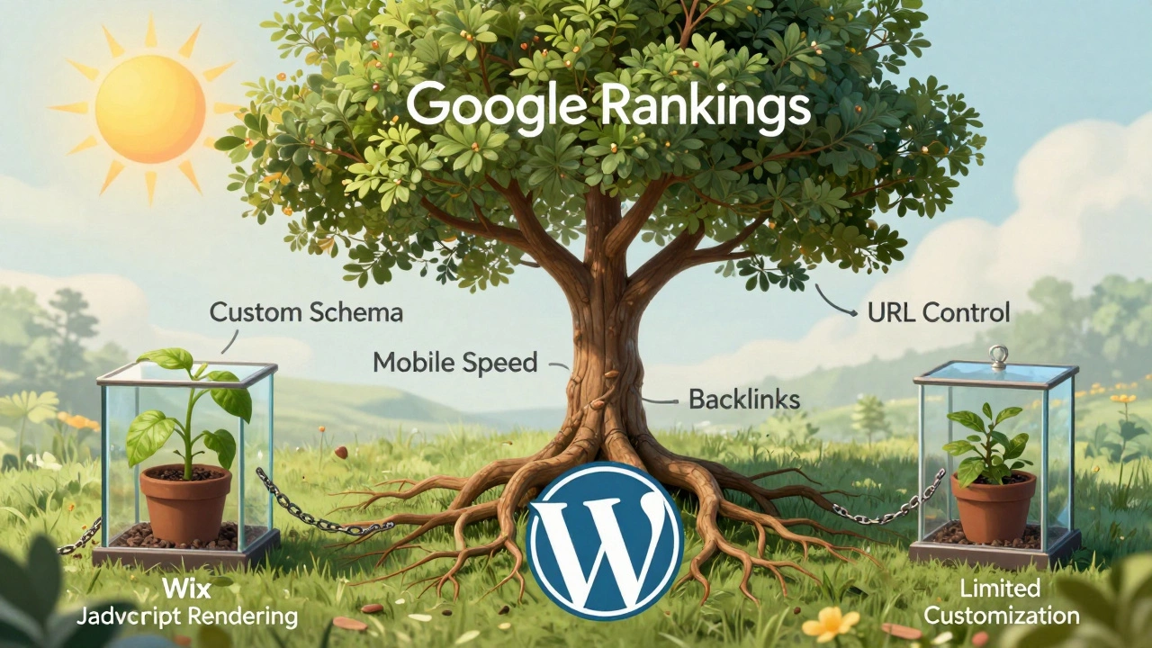 A healthy tree growing from a WordPress logo with SEO benefits as branches, next to a dying plant in a locked box labeled Wix.
