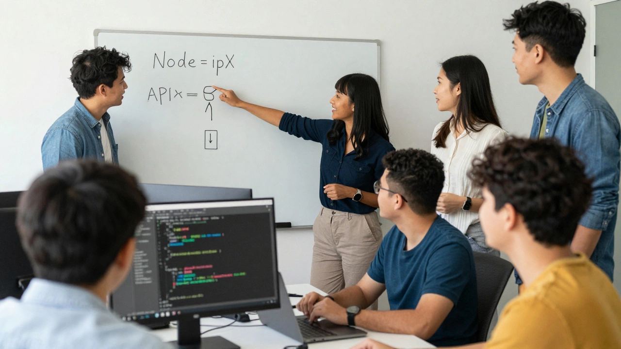 A team of professionals in their 30s and 40s collaborating in a startup office, reviewing code on a whiteboard and monitor.