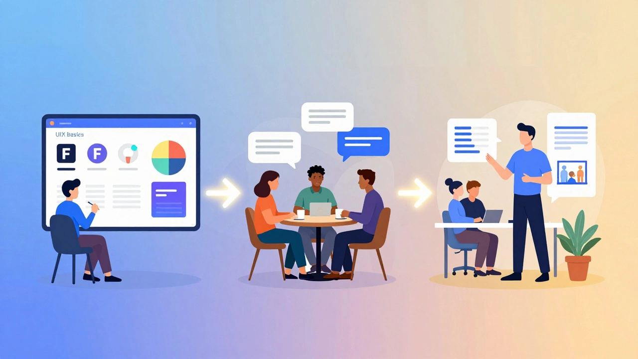 A three-stage visual journey showing UI/UX learning, real user research, and landing a design job with glowing connecting path.