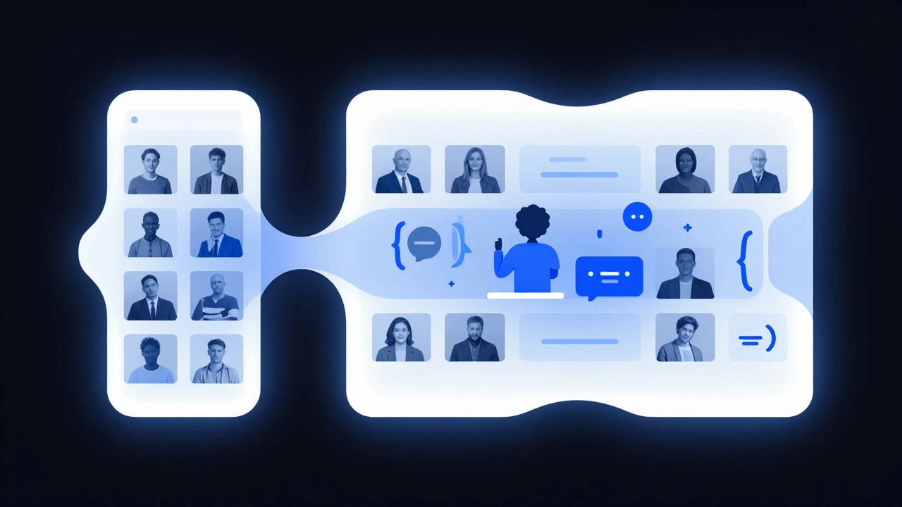 Abstract glowing fluid grids transforming across screen sizes, with CSS media query elements floating nearby.