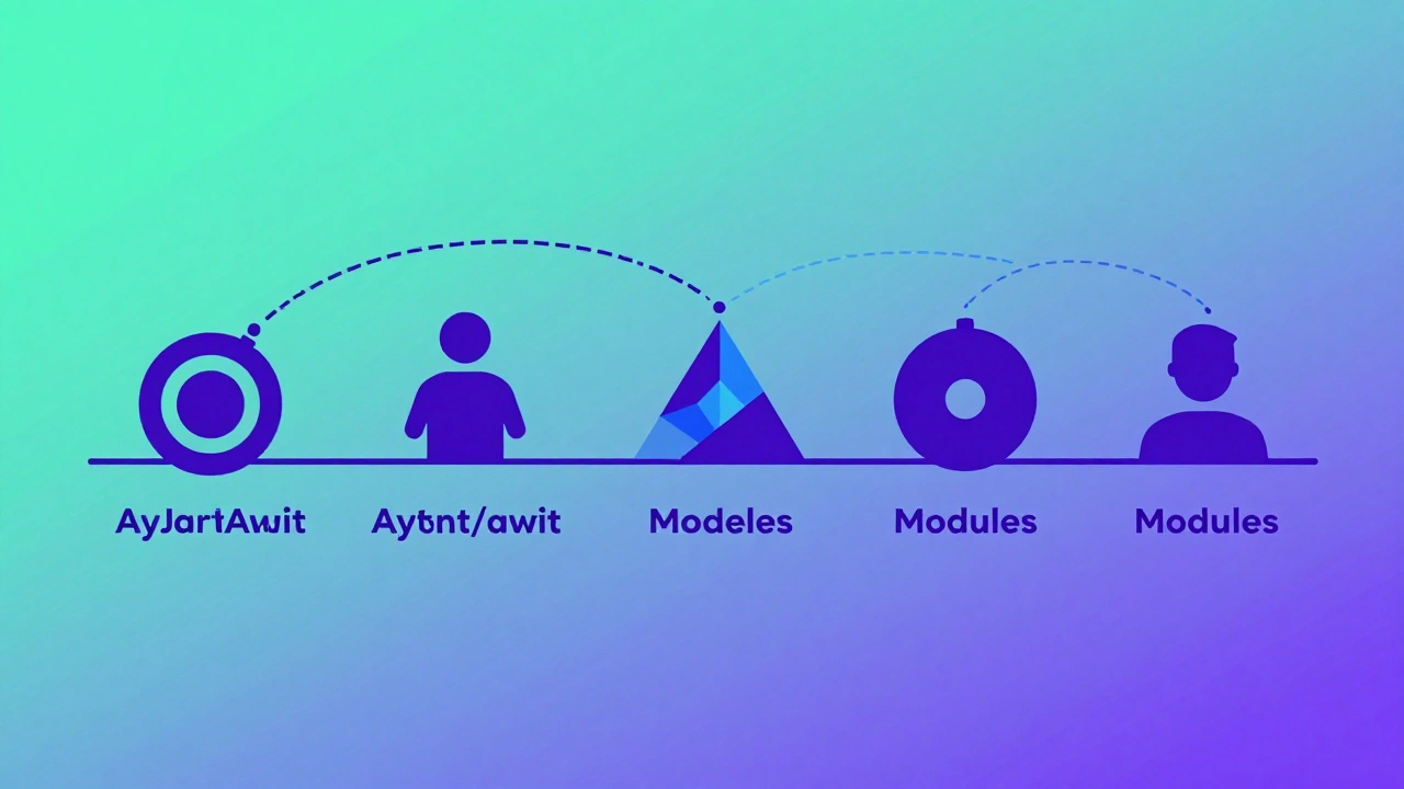 Abstract shapes illustrating JavaScript's evolution through ECMAScript updates.