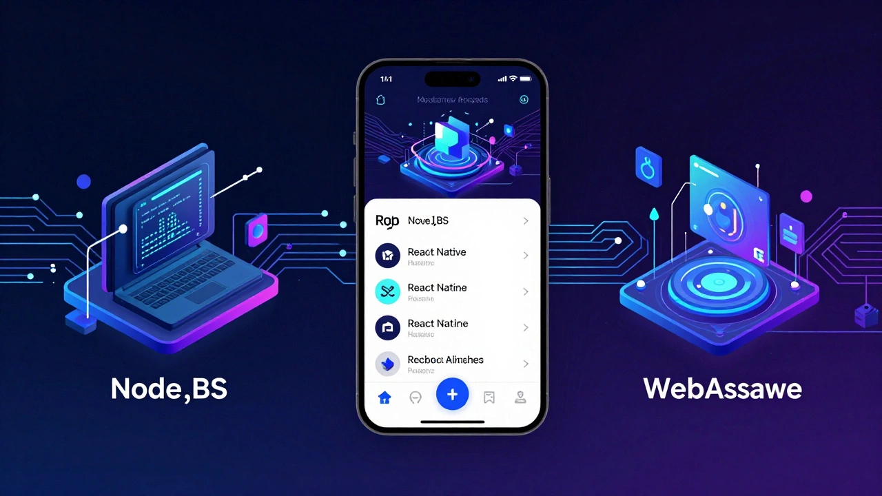 Split-screen of Node.js server, React Native app, and WebAssembly graphics processing.